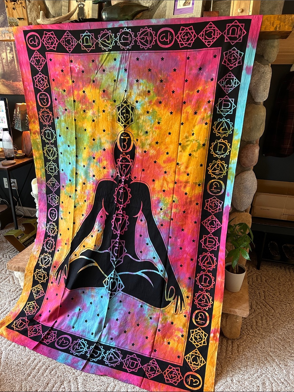 Rainbow Chakra Tie-Dye Meditation Wall Hanging Tapestry, Large, 78" x 52" | NEW